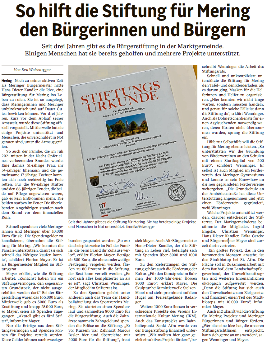 Stiftung für Mering in der Friedberger Allgemeinen Zeitung